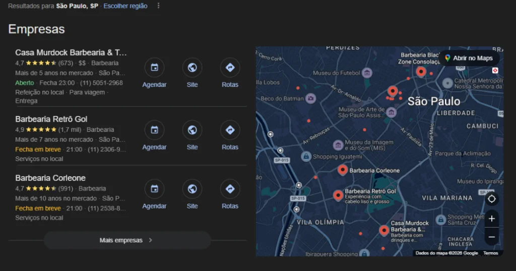 Exemplo de Local Pack no Google Maps para busca regional de serviços em São Paulo.
